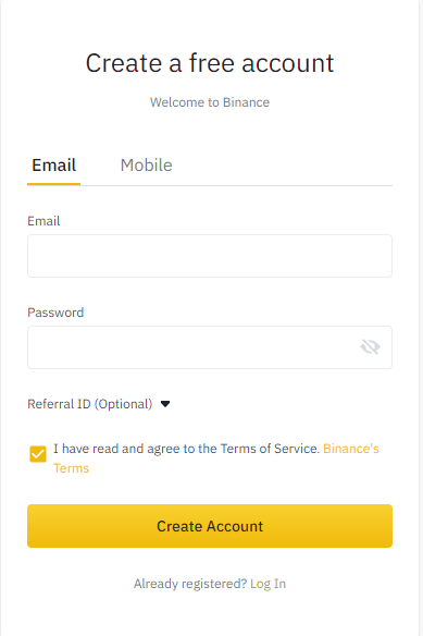 Creating account on Binance