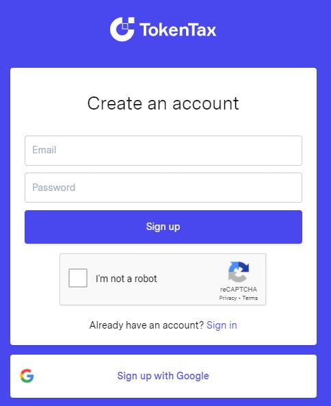 TokenTax create account box.