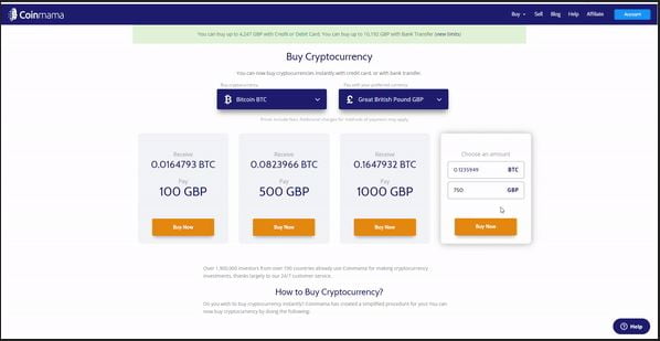 Choose the amount you'd like to buy of crypto. Prices include Coinmama's fees.