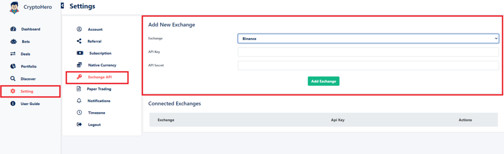 Instructions on how to connect an exchange.