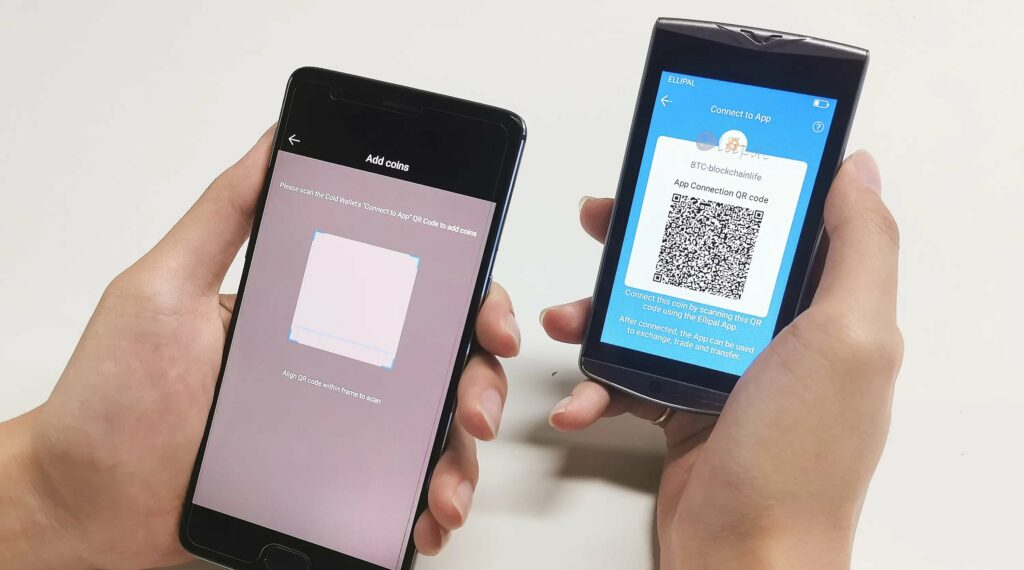 Scanning QR code using ellipal app and ellipal cold wallet