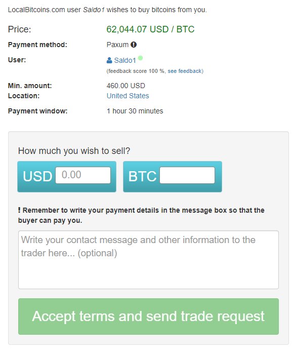 Enter the amount of BTC or USD you're willing to proceed with.