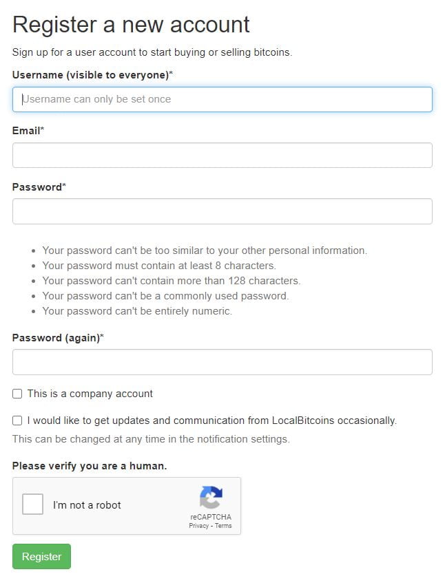 Sign-up on LocalBitcoins
