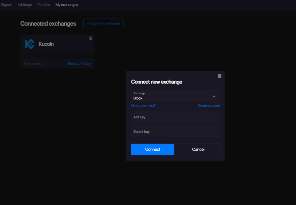 Connect your exchange to Bitsgap to make arbitrage bot.