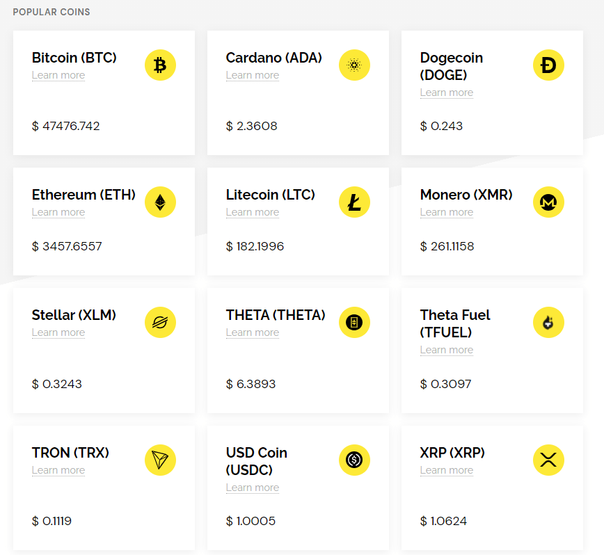 supported coins by stealthex