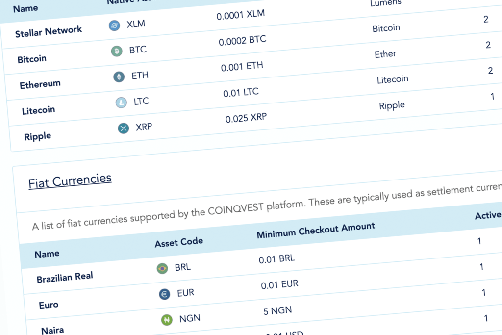 Supported fiat and crypto by COINQVEST.