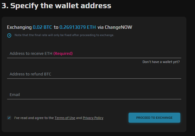 Specify wallet address.