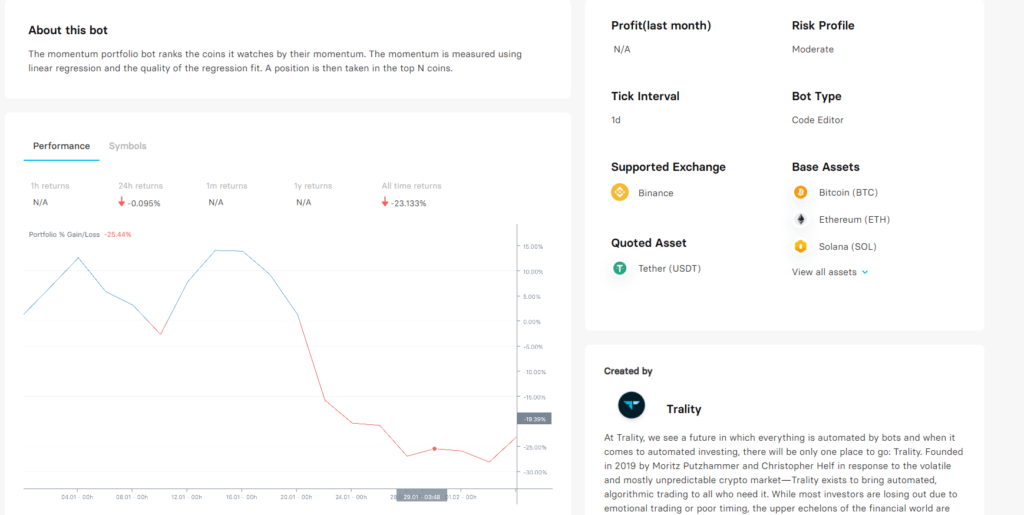 Detailed chart for Trality marketplace bots.