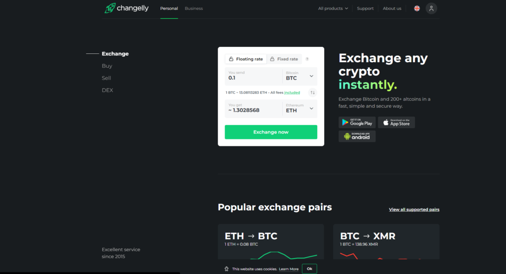 Changelly allows you to seamlessly make quick exchanges with graphs.